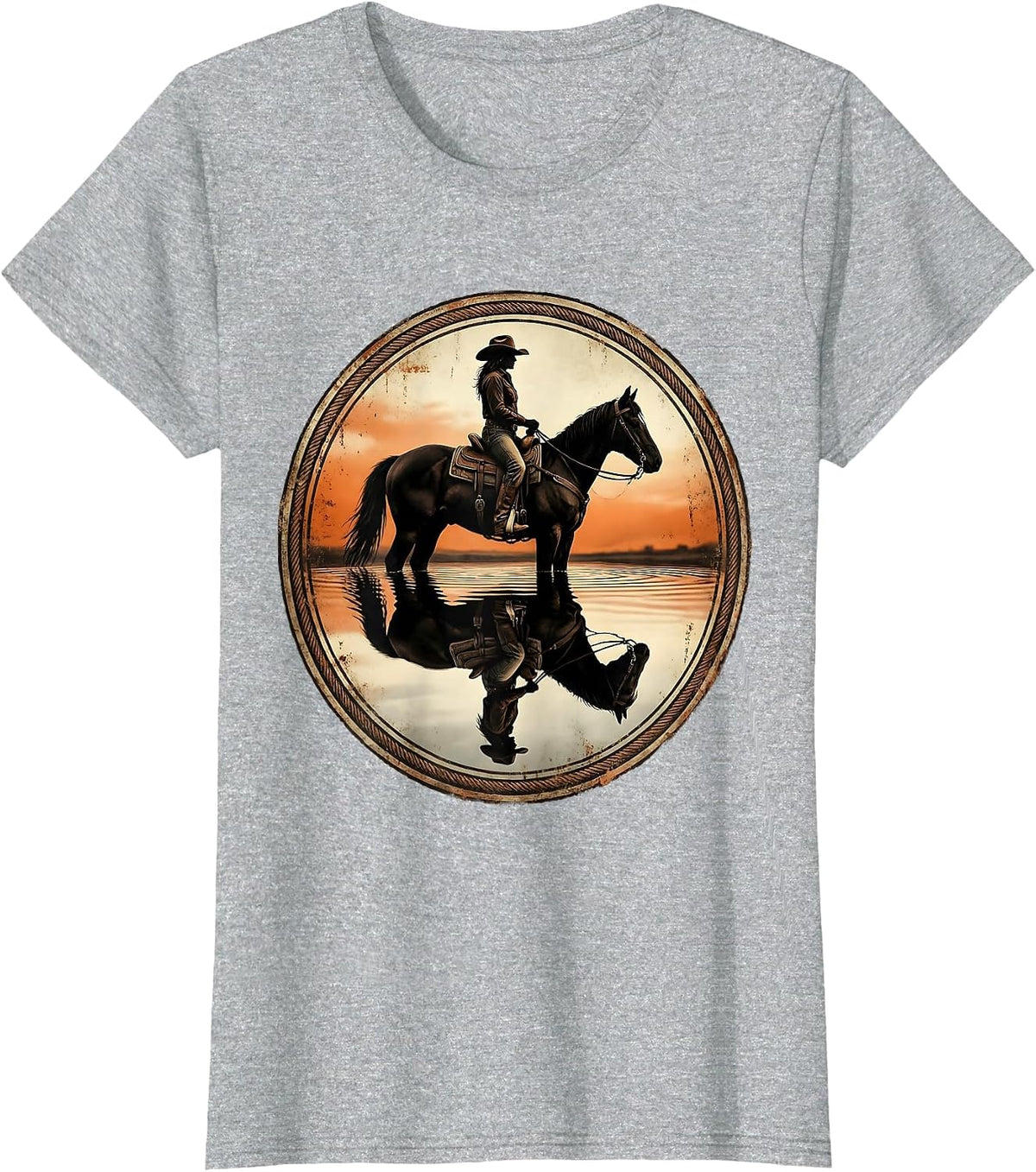 Rodeo Horse Reflection Still Pond Graphic T-Shirt - Heather Grey