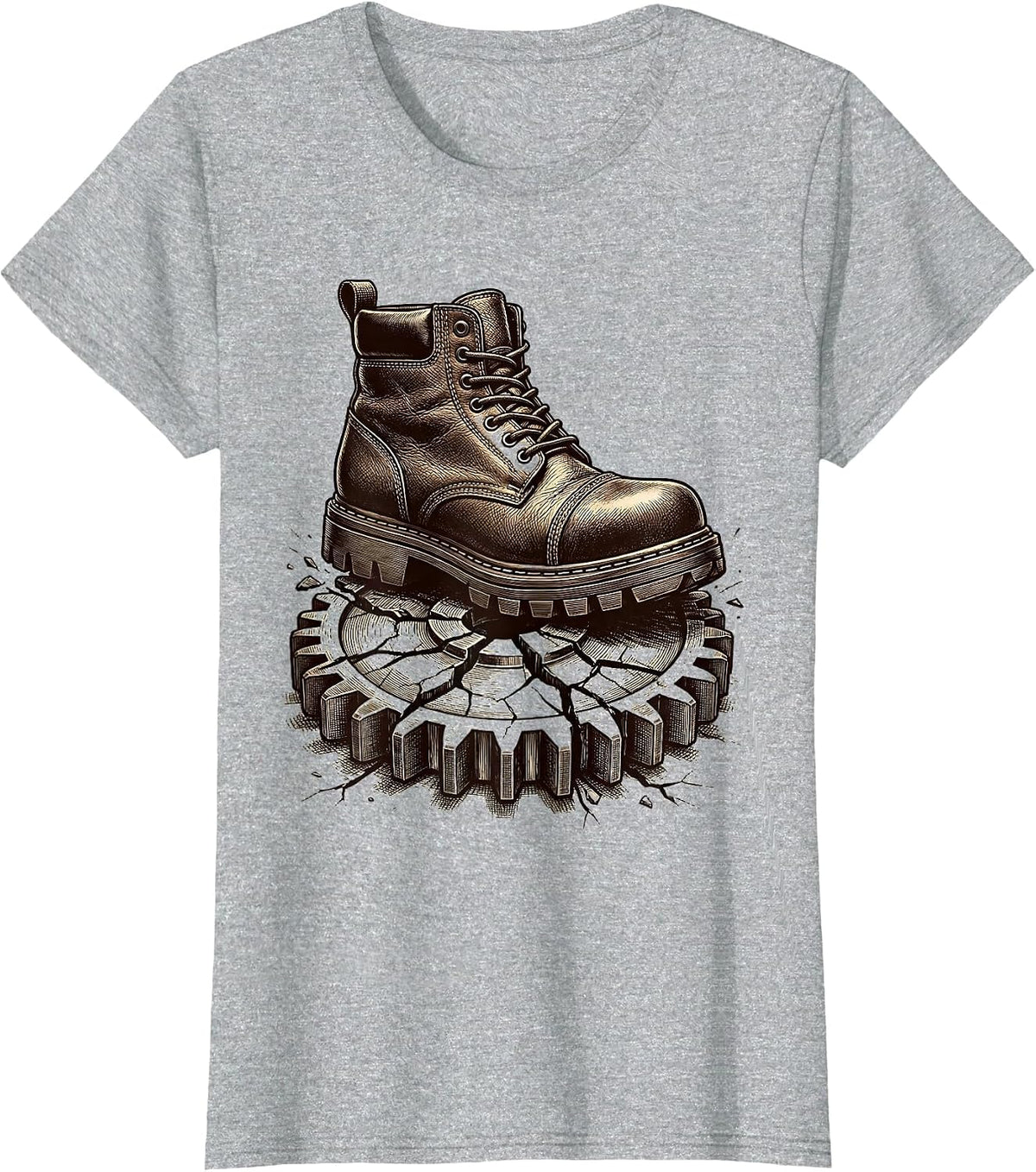 Women's Mechanic Boot Crushing Broken Gear Graphic T-Shirt - Heather Grey
