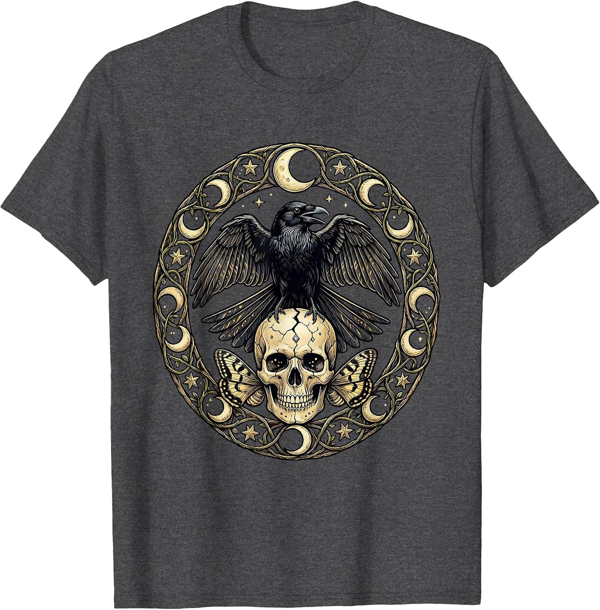 Men's Raven on Skull Halloween Gothic Dark Art T-Shirt - Dark Heather Grey