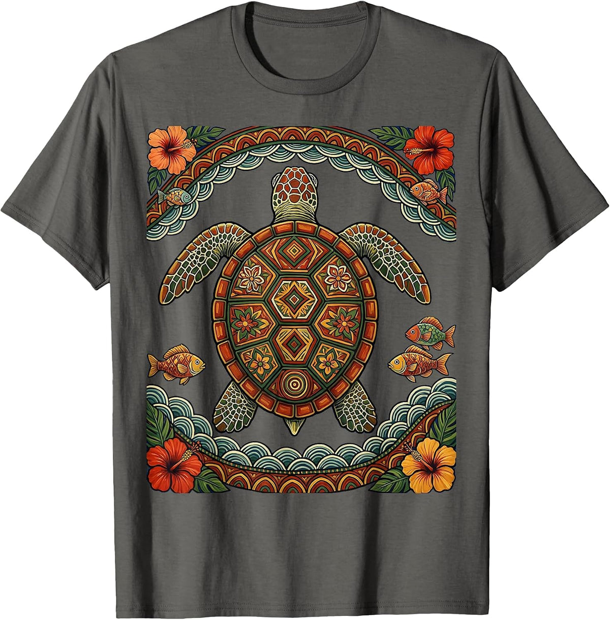 Sea Turtle Luau Wave Diving Graphic Tee T-Shirt - Asphalt Grey