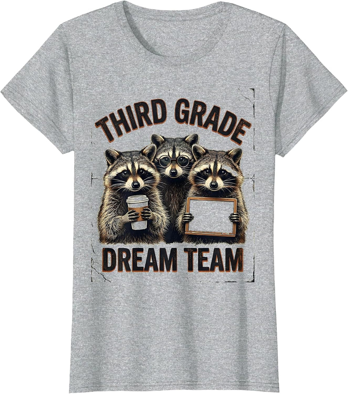 Women's Third Grade Dream Team Distressed Raccoon Teacher Back T-Shirt - Heather Grey