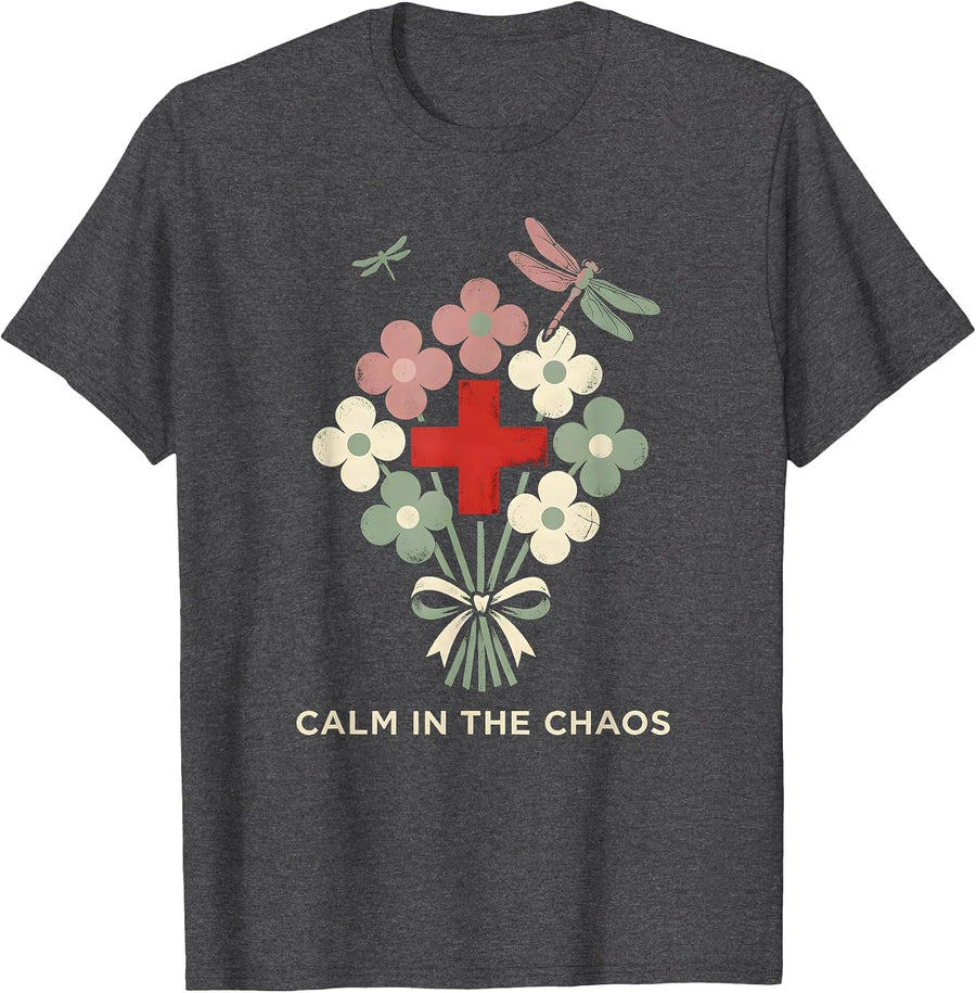 Men's School Nurse Calm in the Chaos Design T-Shirt - Dark Heather Grey