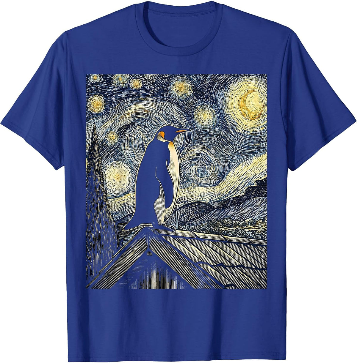 Penguin Van Gogh Style Starry Night Art Animal Lover T-Shirt - Royal Blue