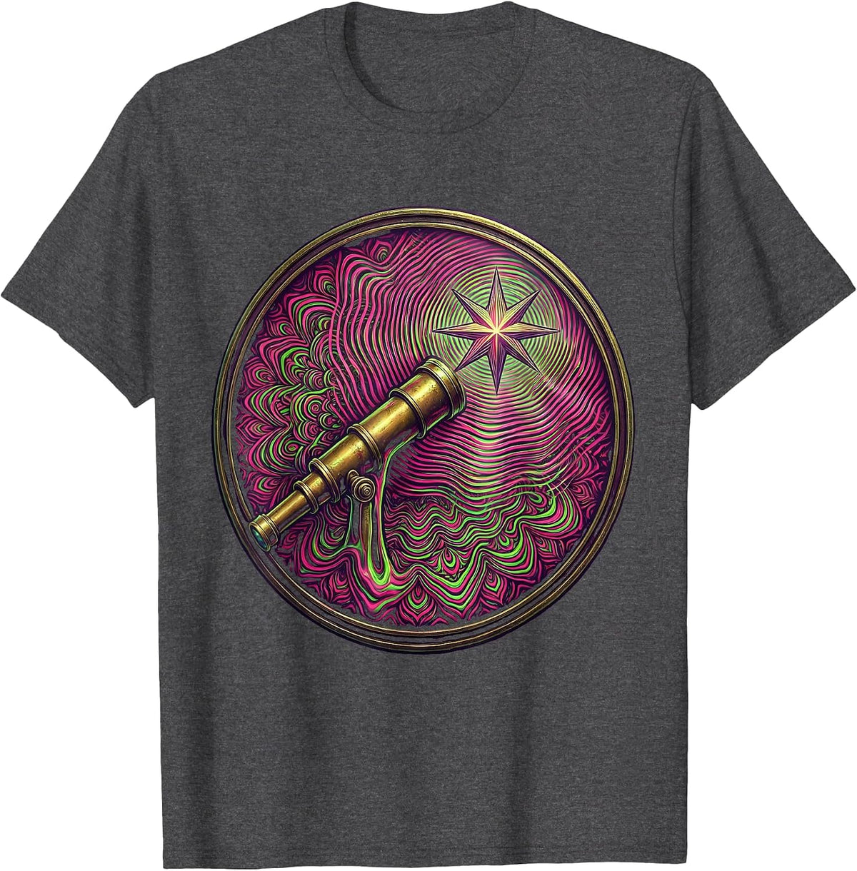 Vintage Telescope Star Gazing Astronomy Illustration T-Shirt - Dark Heather Grey