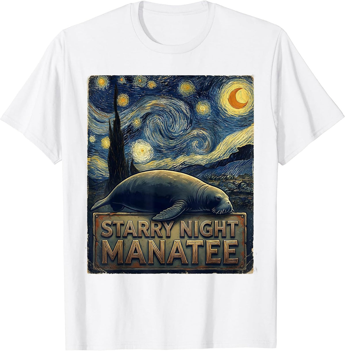 Men's Starry Night Manatee Vintage Art Animal Lover Gift T-Shirt - White