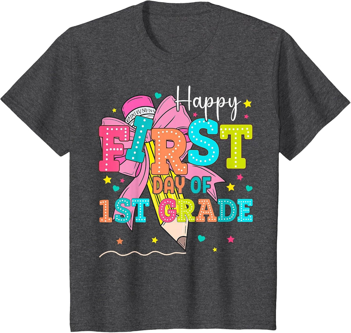 Happy First Day of 1st Grade Girls Coquette Back to School T-Shirt - Dark Heather Grey