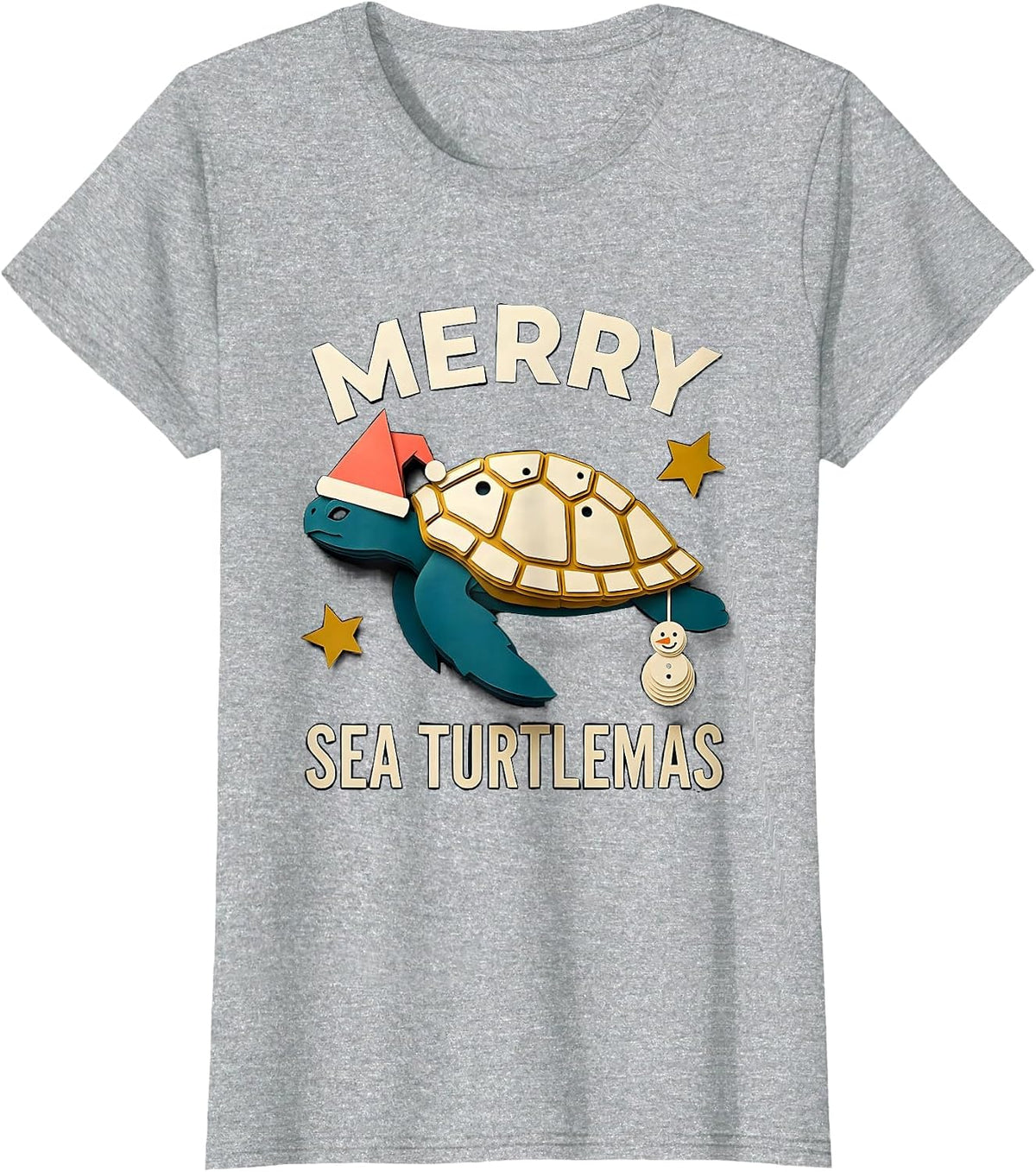 Women's Merry Sea Turtlemas Paper Cutout Whimsical Sea Turtle Lover T-Shirt - Heather Grey