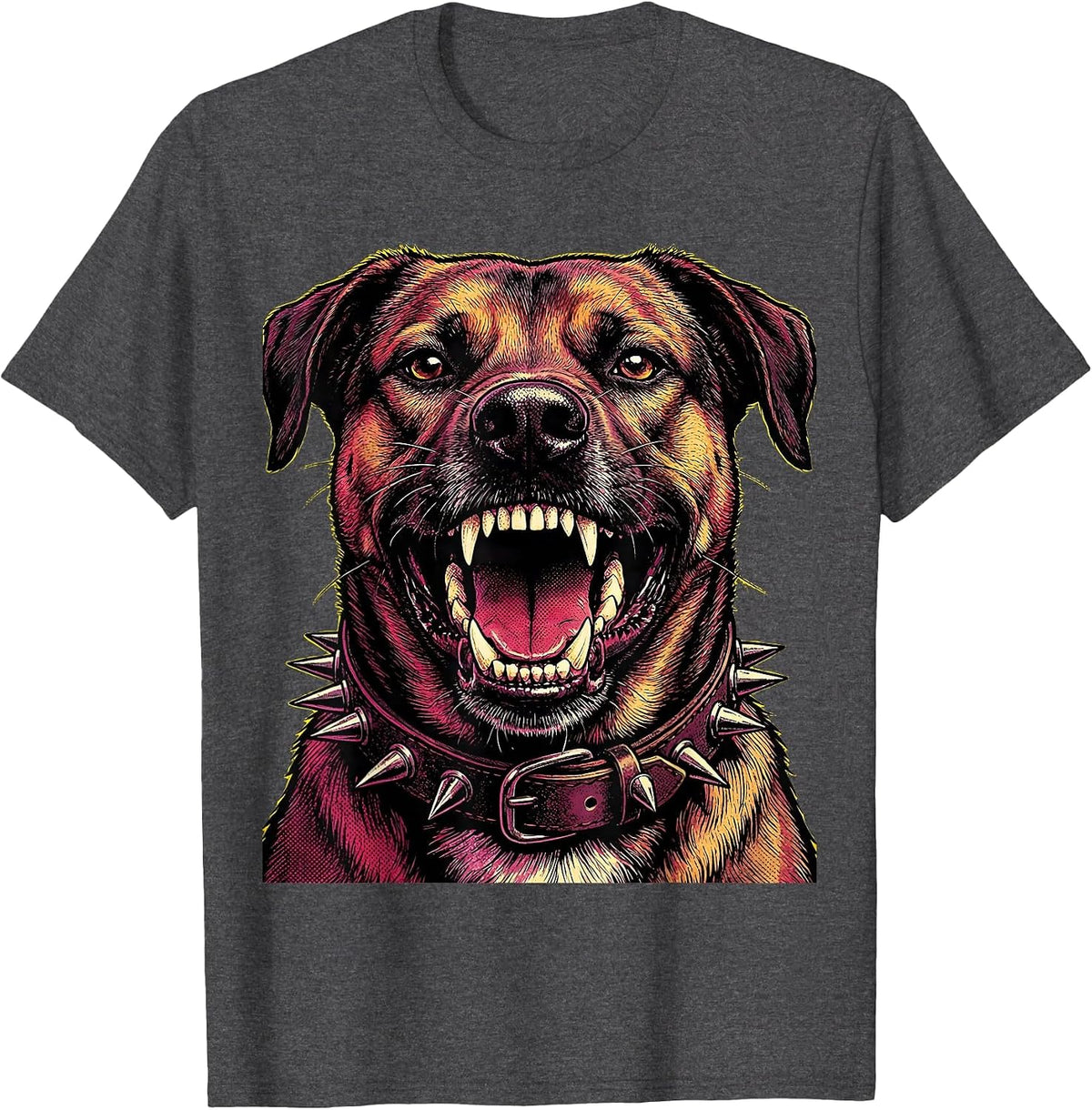 Snarling Punk Dog Studded Collar Graphic Design T-Shirt - Dark Heather Grey