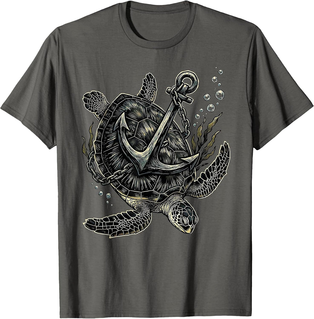 Turtle and Anchor Sinking Into the Deep Sea T-Shirt - Asphalt Grey
