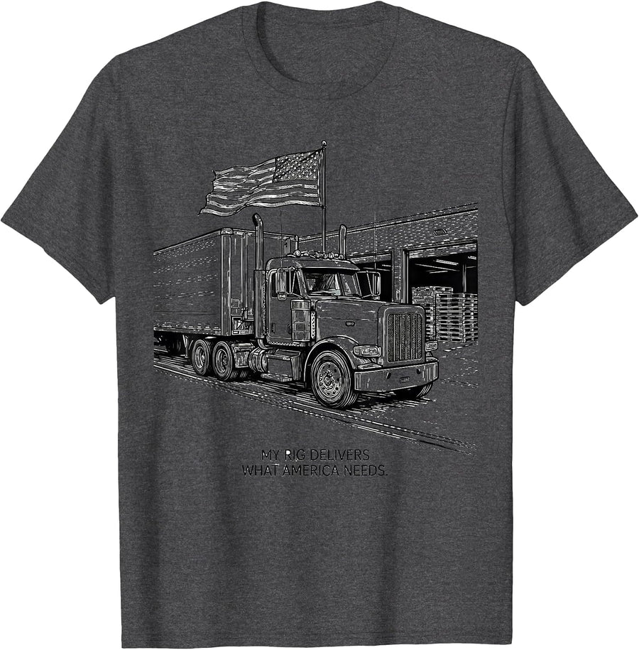 Men's My Rig Delivers What America Needs Patriotic Trucker T-Shirt - Dark Heather Grey