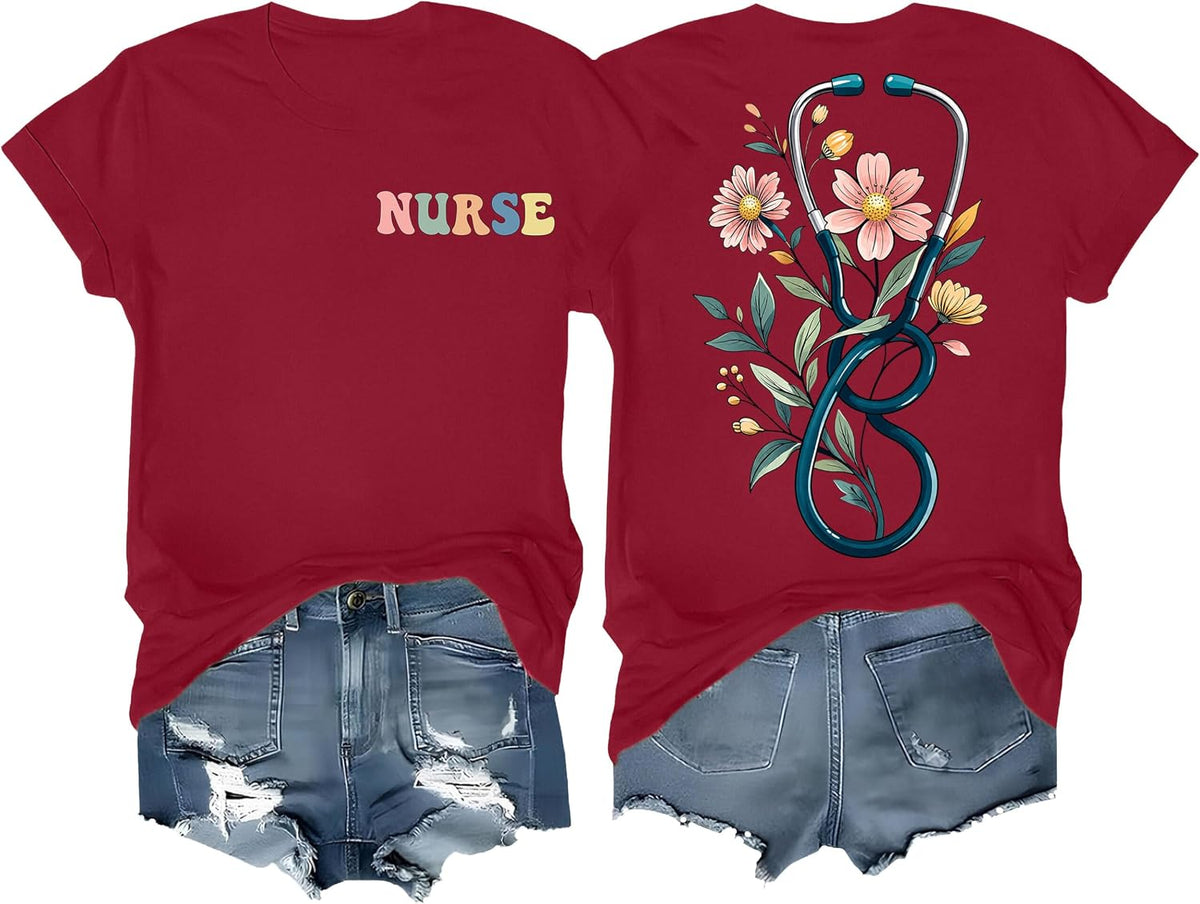 Nurse Shirts for Women Nurse Life T Shirt Funny Boho Floral Stethoscope Graphic Tshirt - Wine