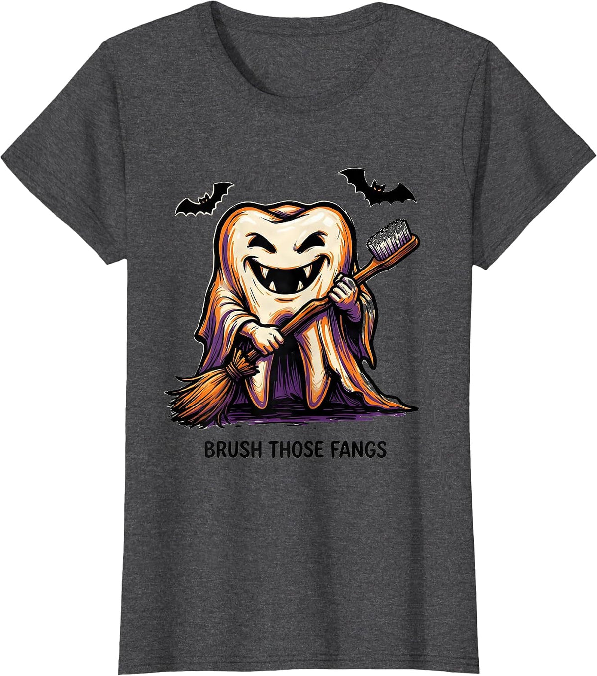Women's Brush Those Fangs Funny Dental Hygienist Ghost Halloween T-Shirt - Dark Heather Grey