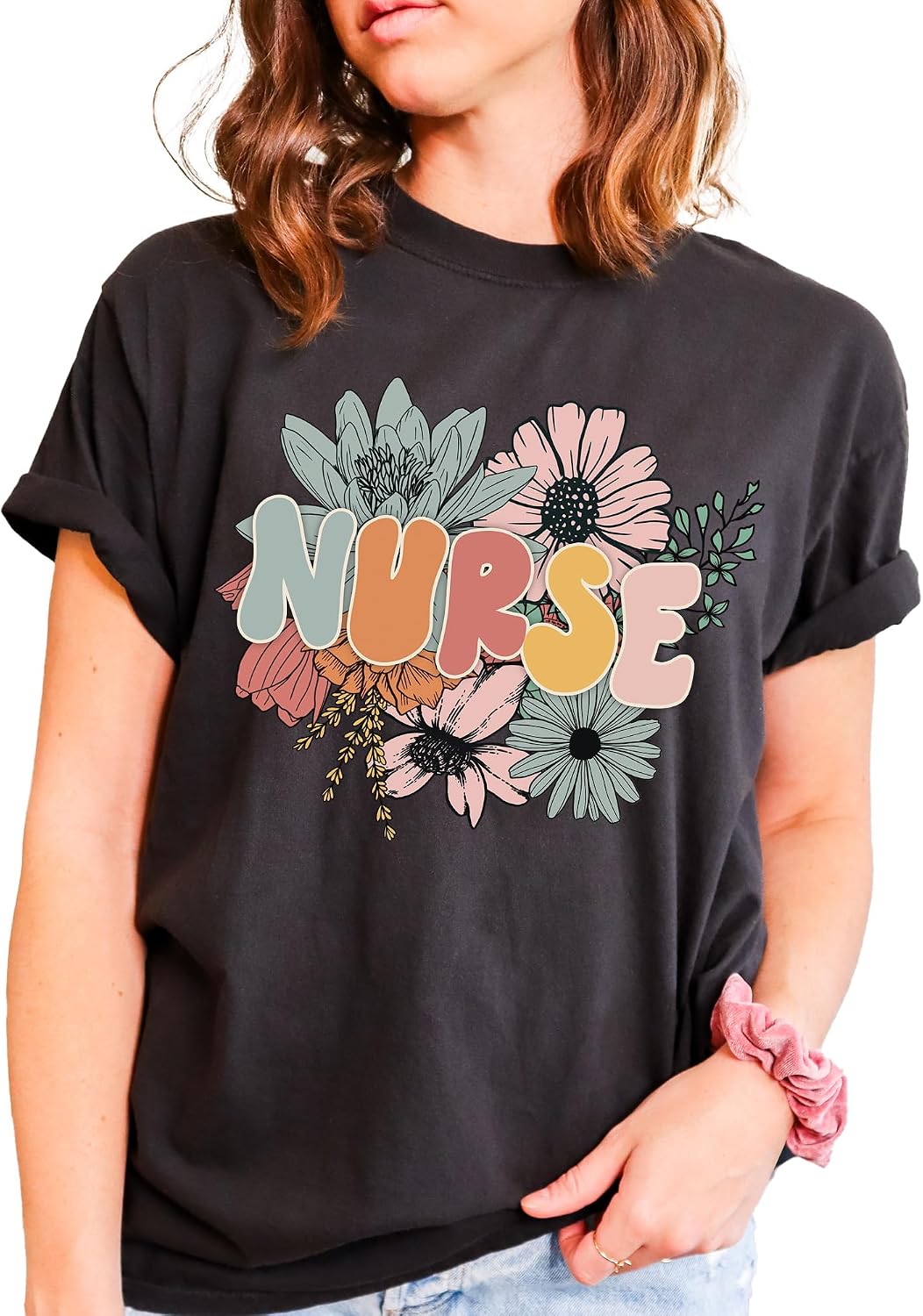 Nurse T-Shirt, Floral Design Retro Look Oversized Unisex Graphic Tee for Nurse, 100% Cotton Premium Quality Best Gift for