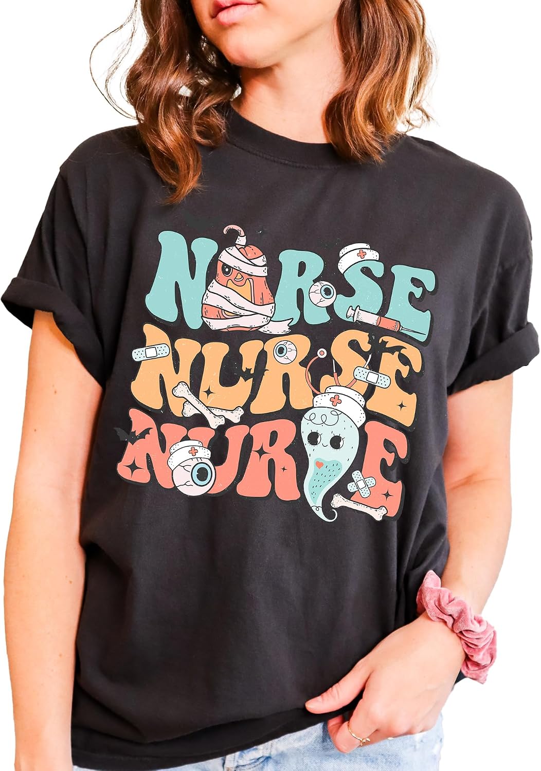 Halloween Nurse T-Shirt, Unisex Shirt for Nurse Retro Look Oversized Graphic Tee, 100% Cotton Premium Quality, Gift for Her