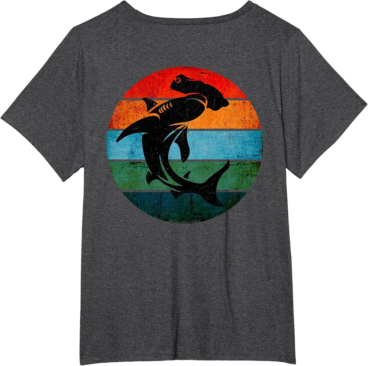 On Back. Cool Grunge Hammerhead Shark on Retro Sun Shark T-Shirt - Dark Heather Grey