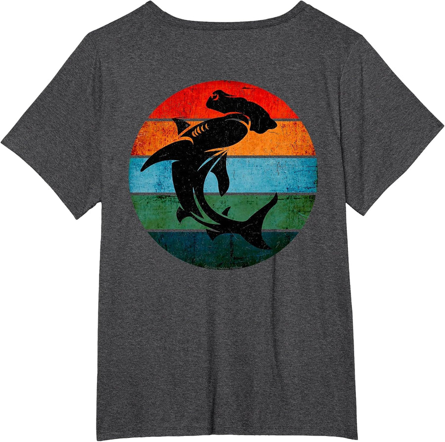 On Back. Cool Grunge Hammerhead Shark on Retro Sun Shark T-Shirt - Dark Heather Grey