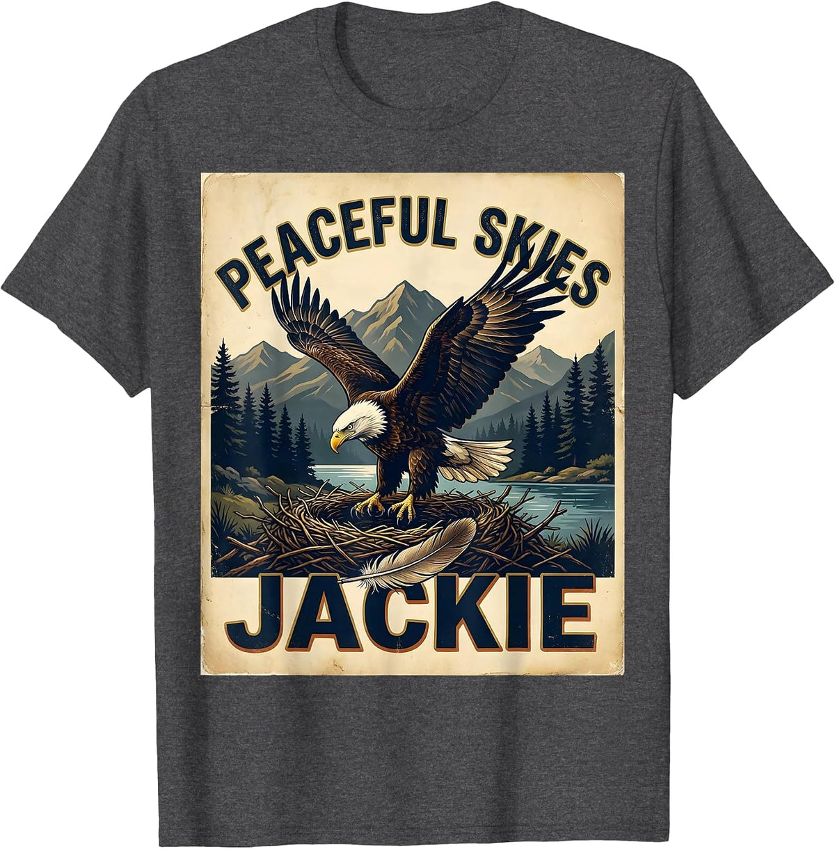 Men's Peaceful Skies Jackie Vintage Bald Eagle Memorial Tribute T-Shirt - Dark Heather Grey