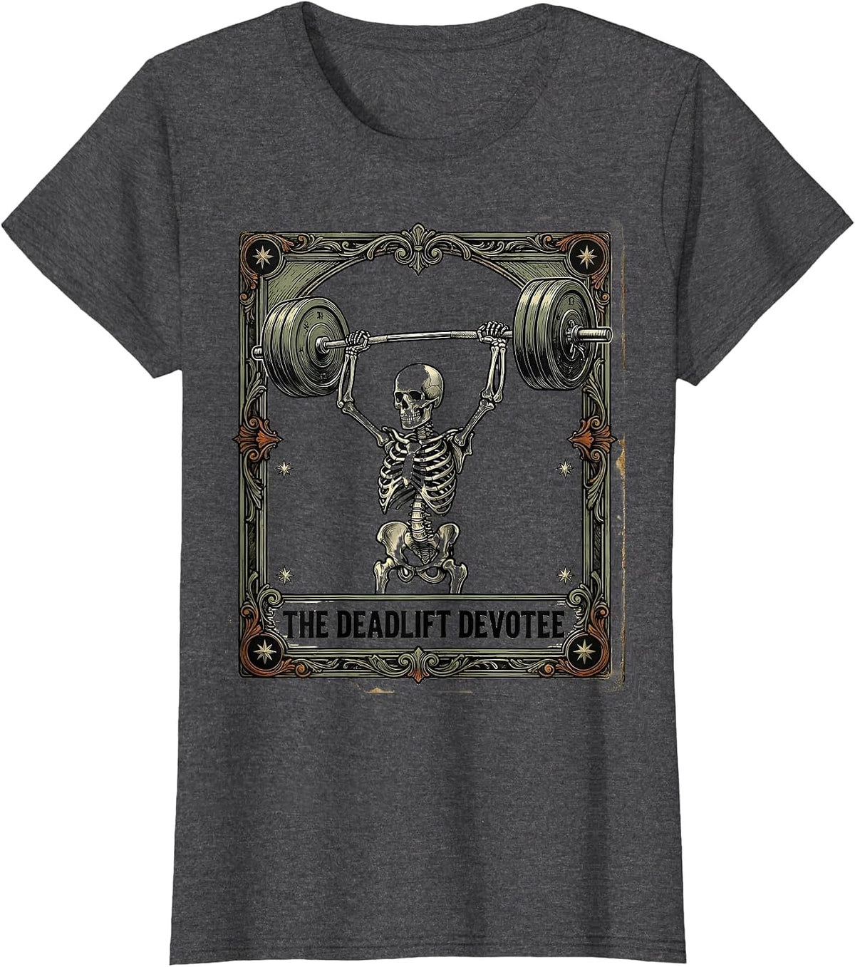Women's The Deadlift Devotee Vintage Skeleton Tarot Card Gym Humor T-Shirt - Dark Heather Grey
