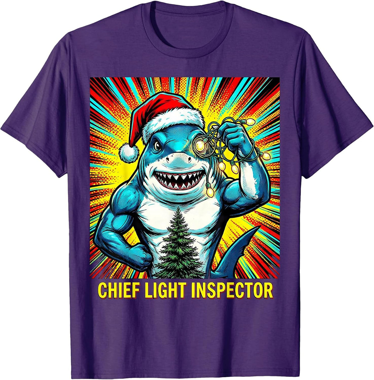Chief Light Inspector Pop Art Funny Shark Santa Hat T-Shirt - Purple