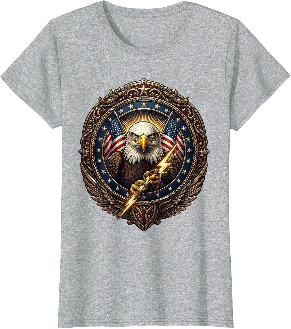 Women's Bald Eagle Lightning Bolt American Power Design T-Shirt - Heather Grey
