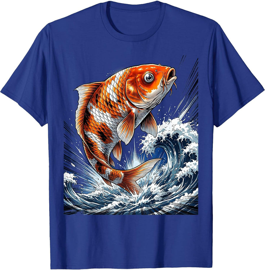 Koi Fish Leaping Through Crashing Wave Art T-Shirt - Royal Blue