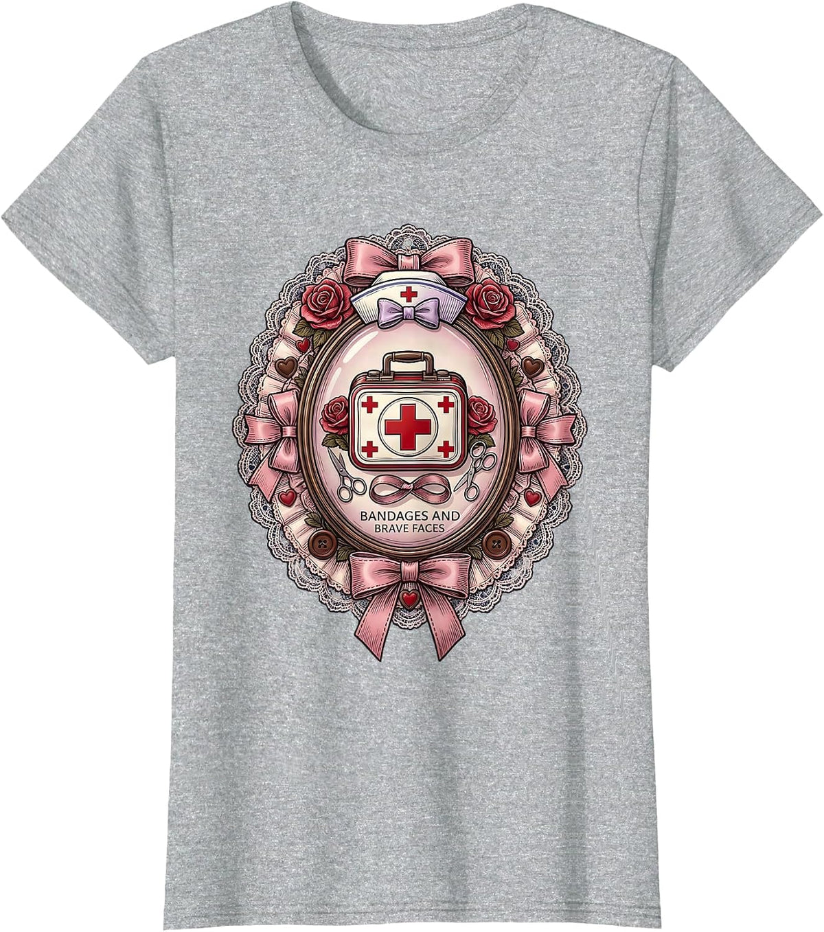 Women's Bandages and Brave Faces School Nurse Design T-Shirt - Heather Grey