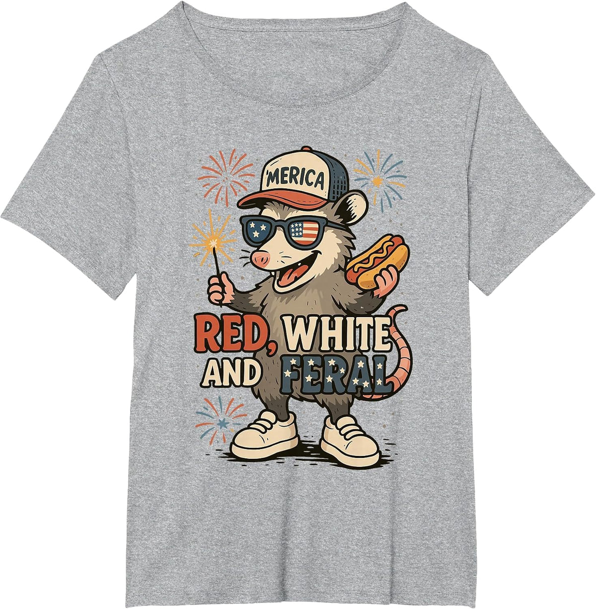 Red White and Feral Fireworks Opossum 4th of July Patriotic T-Shirt - Heather Grey