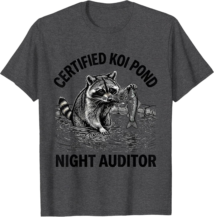 Men's Certified Koi Pond Night Auditor Funny Raccoon Meme Humor T-Shirt - Dark Heather Grey