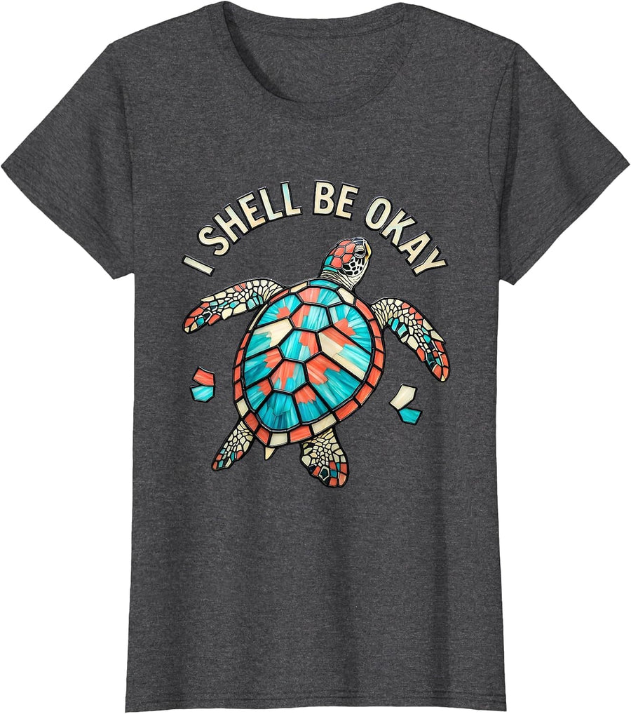Women's I Shell Be Okay Stained Glass Mosaic Sea Turtle Tropical T-Shirt - Dark Heather Grey