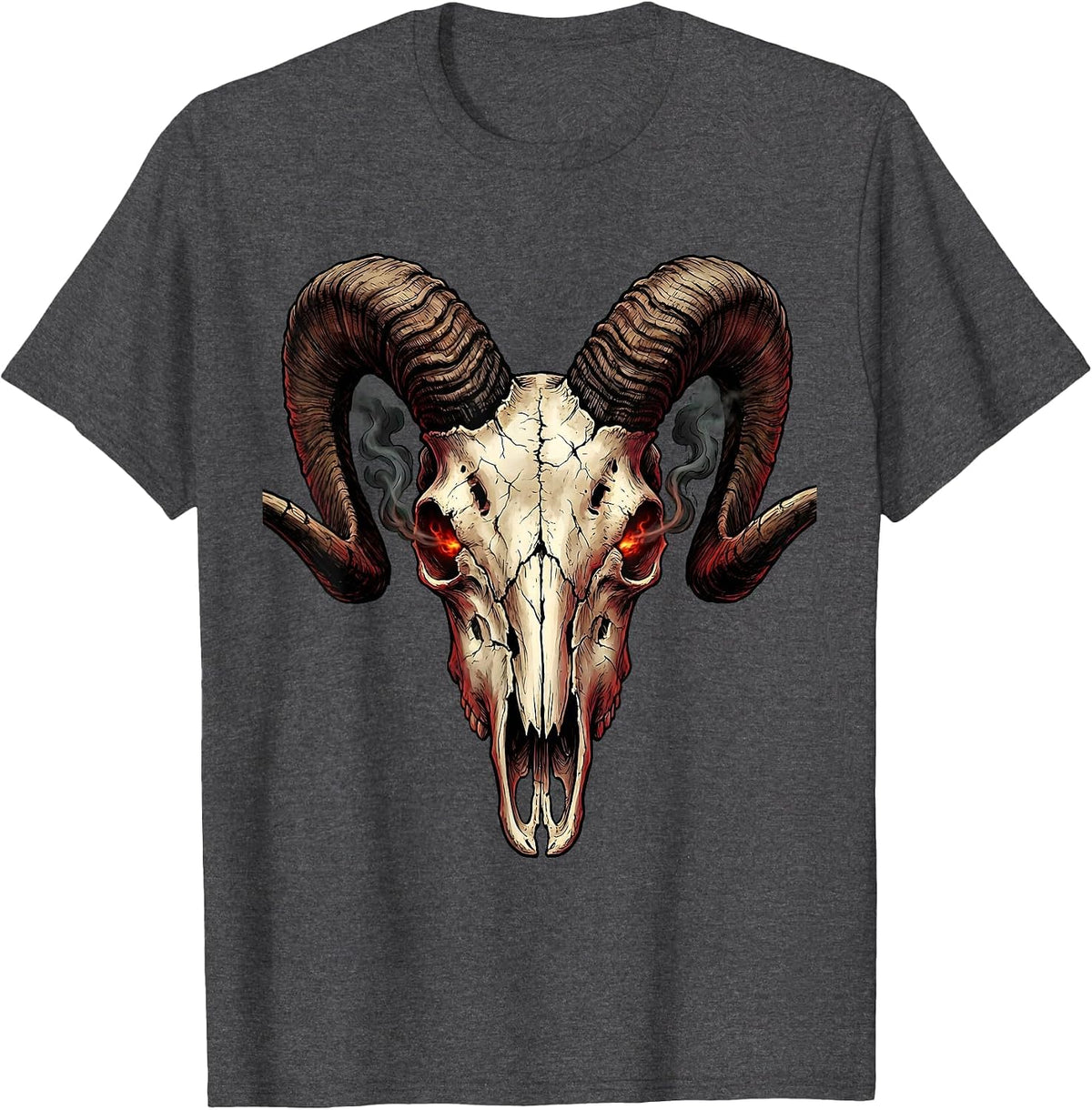 Demonic Goat Skull Glowing Eyes Heavy Metal Art T-Shirt - Dark Heather Grey