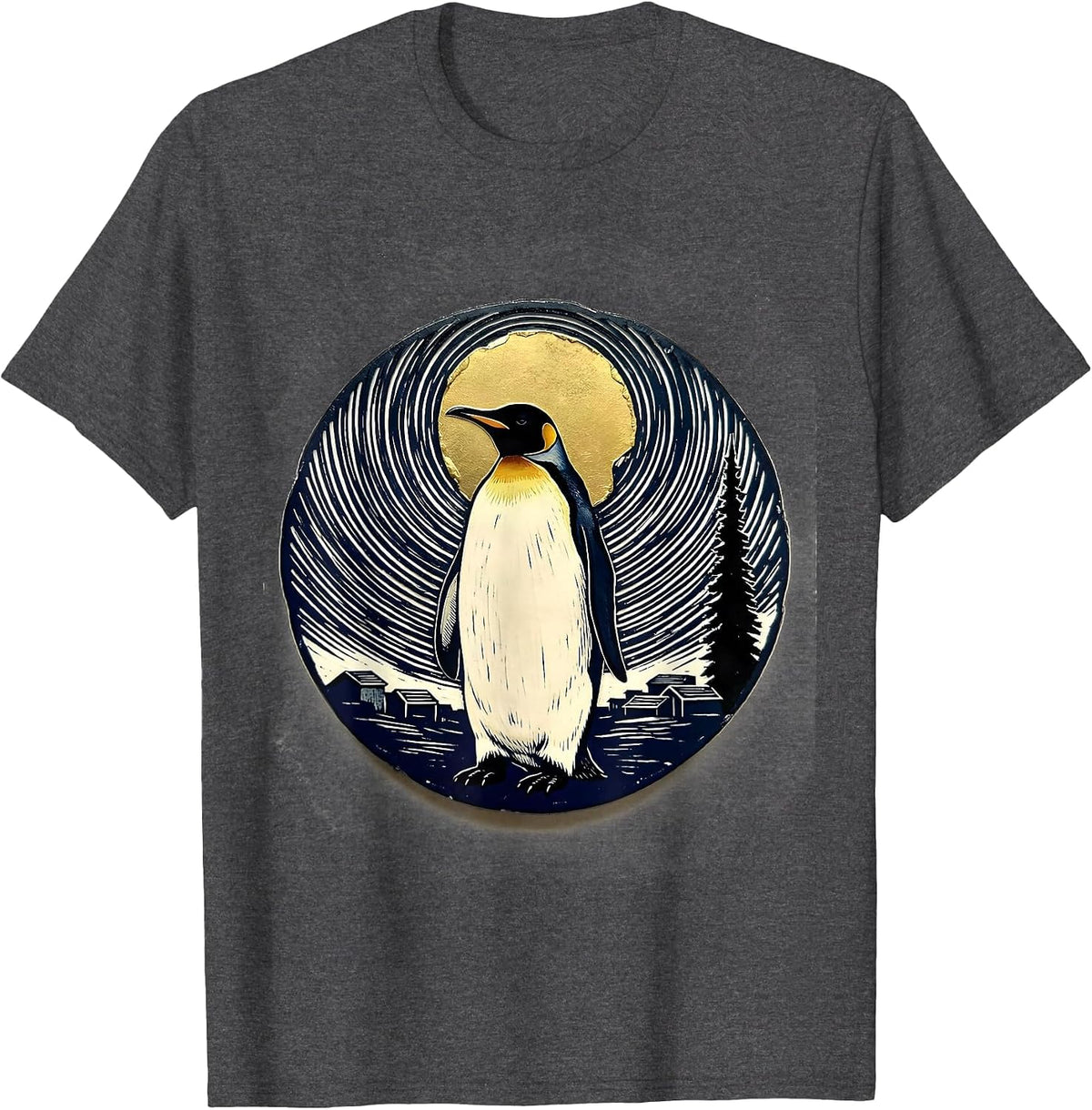 Men's Penguin Starry Night Van Gogh Art Parody Animal Lover T-Shirt - Dark Heather Grey