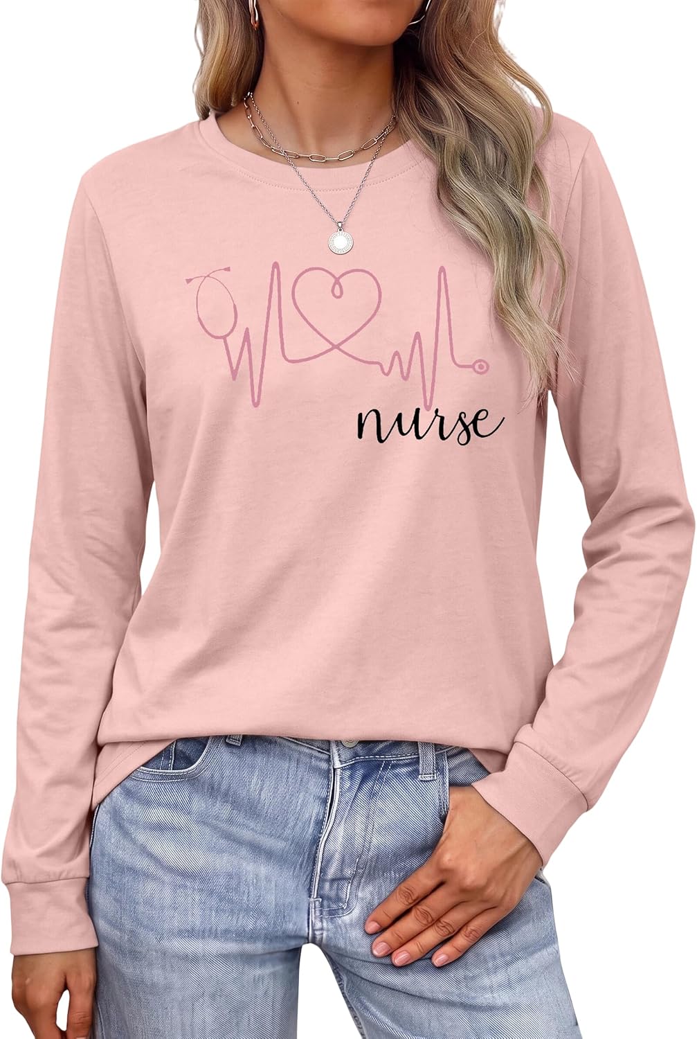 SFHFY Nurse Shirts Women: Nurse Life T-Shirt Casual Heartbeat Graphic Tee - Pink