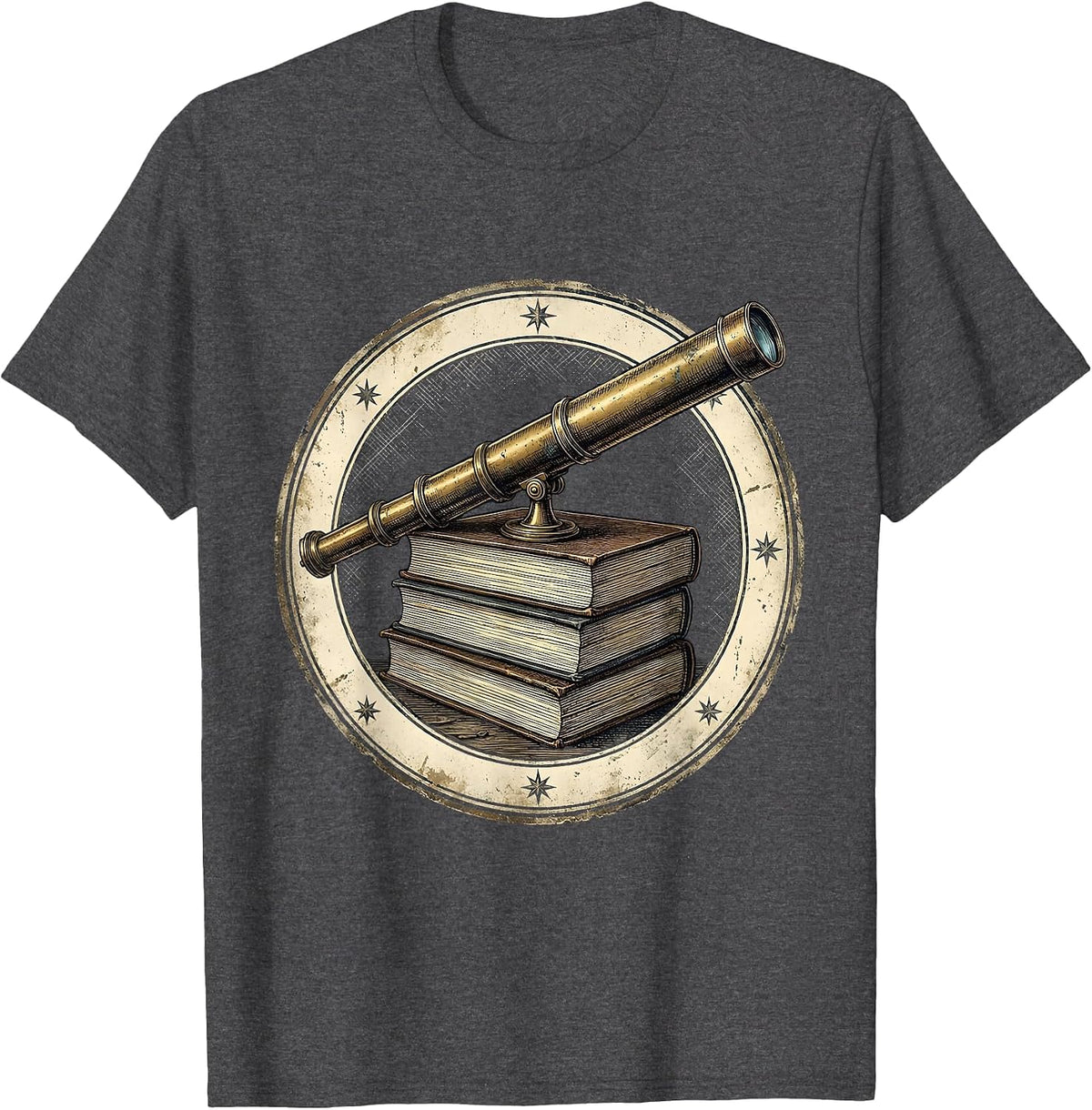 Telescope on Astronomy Books Stargazing Illustration T-Shirt - Dark Heather Grey