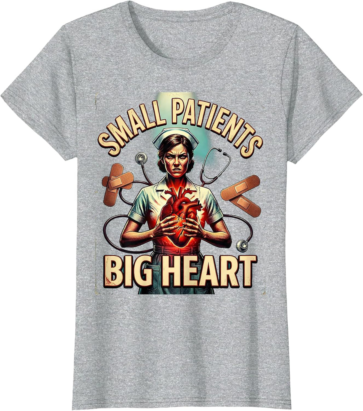 Women's Small Patients Big Heart School Nurse Design T-Shirt - Heather Grey