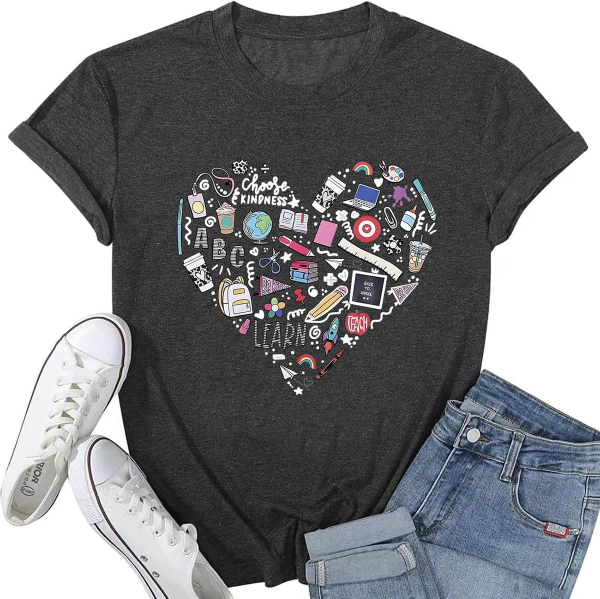 Teacher Shirt Women Teaching T-Shirt Funny Heart Graphic Tee Top Cute Kindergarten Teachers T-Shirt - Dark Grey