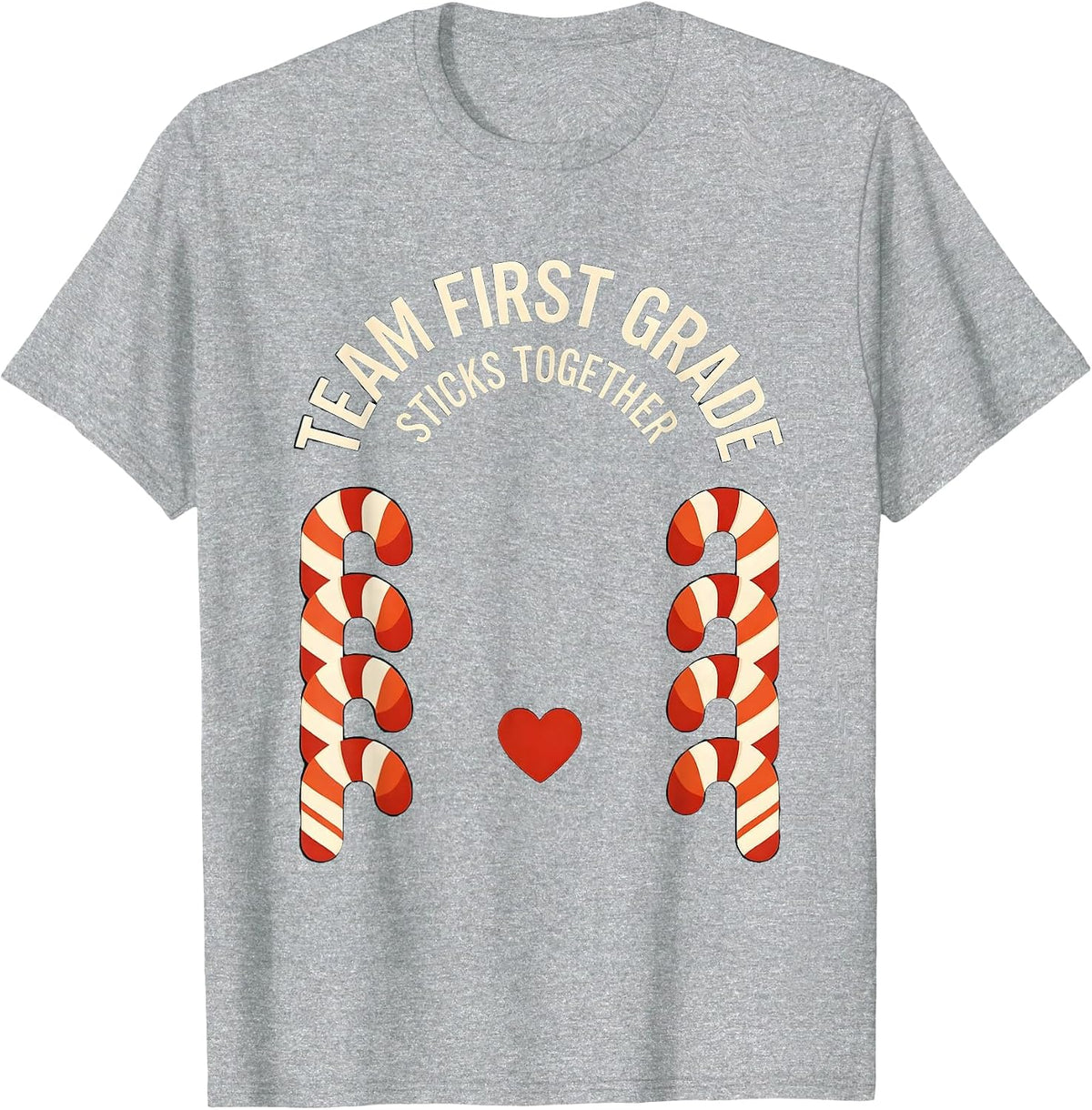 Men's Team First Grade Sticks Together Christmas Candy Cane T-Shirt - Heather Grey