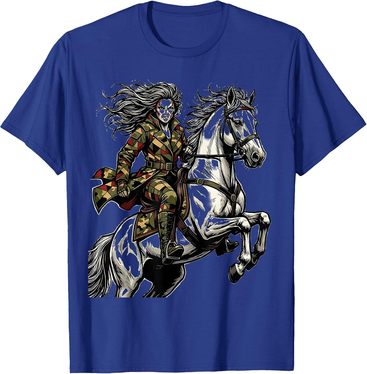 Camo Woman on White Horse Graphic Design T-Shirt - Royal Blue