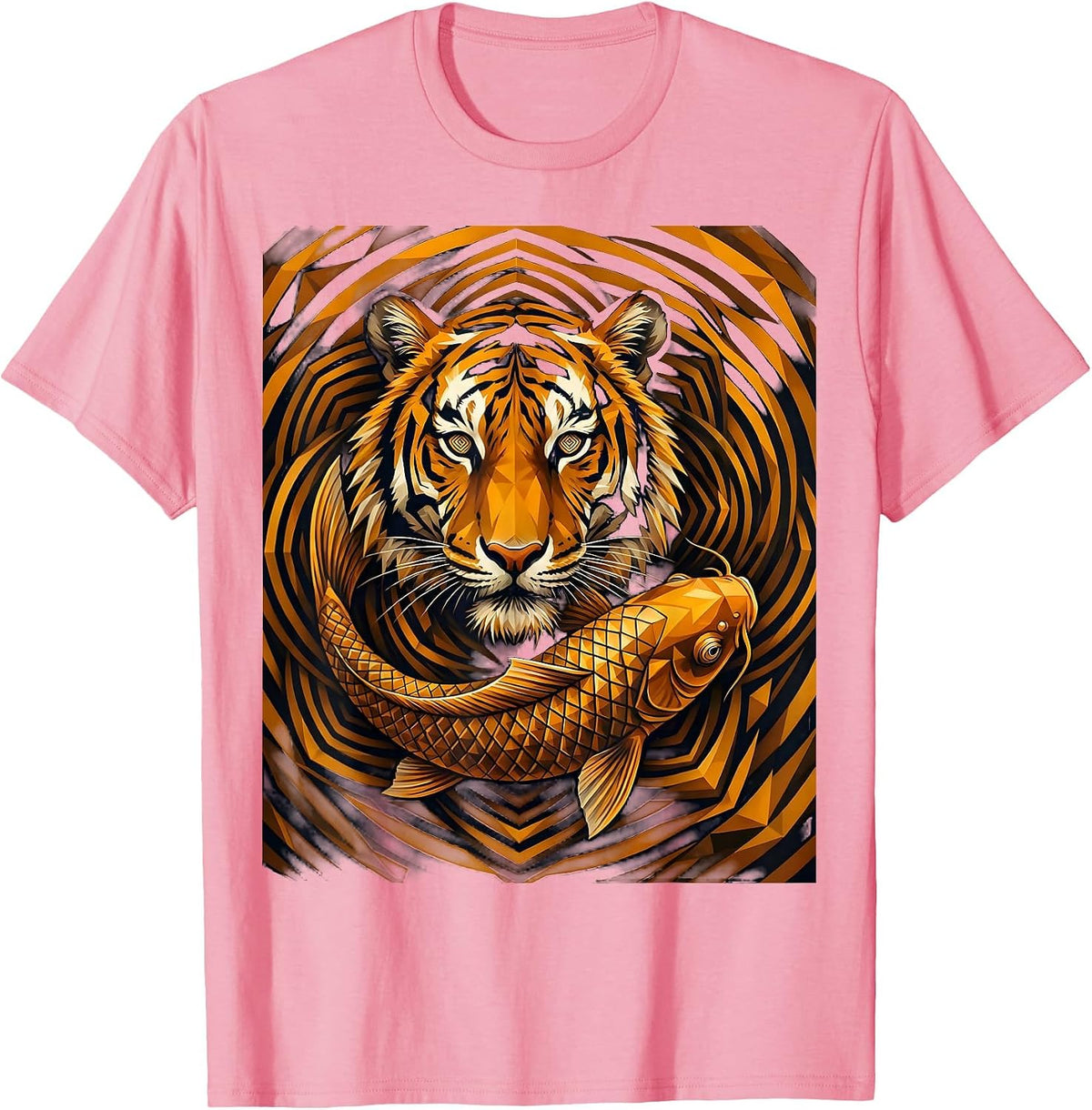 Men's Tiger and Koi Fish Swirling Water Graphic T-Shirt - Pink