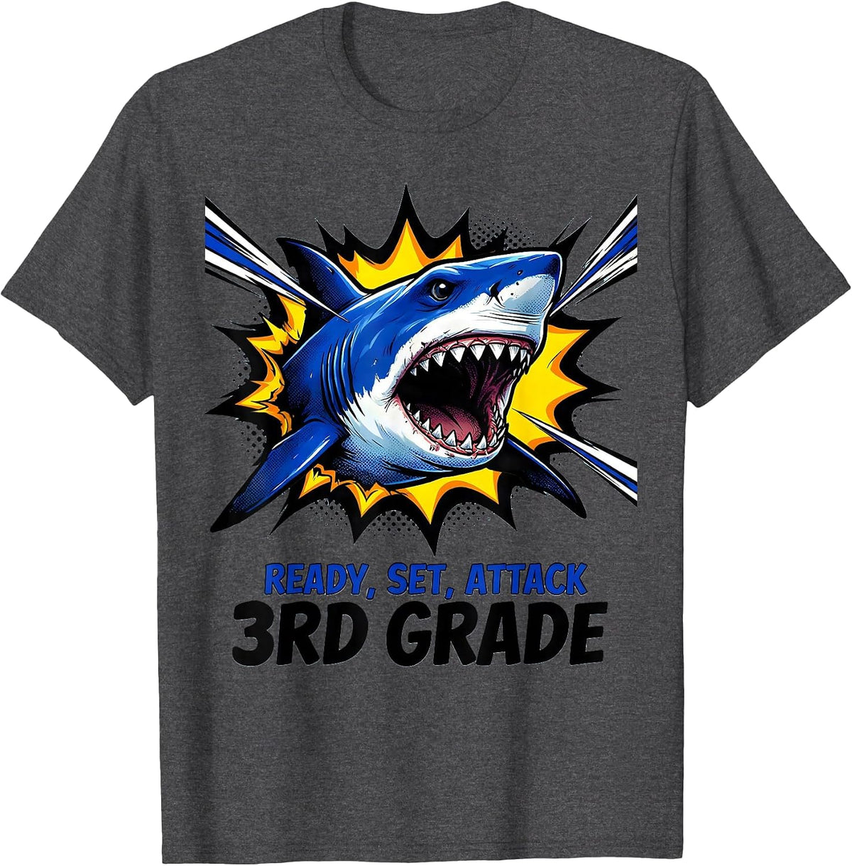 Ready, Set, Attack 3rd Grade Comic Book Shark First Day T-Shirt - Dark Heather Grey