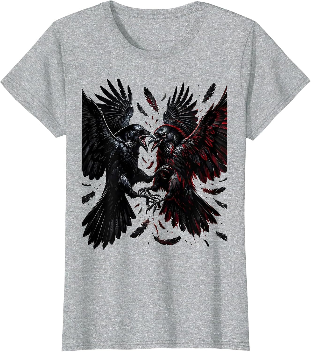 Crow vs Raven Mid-Air Battle Illustration T-Shirt - Heather Grey