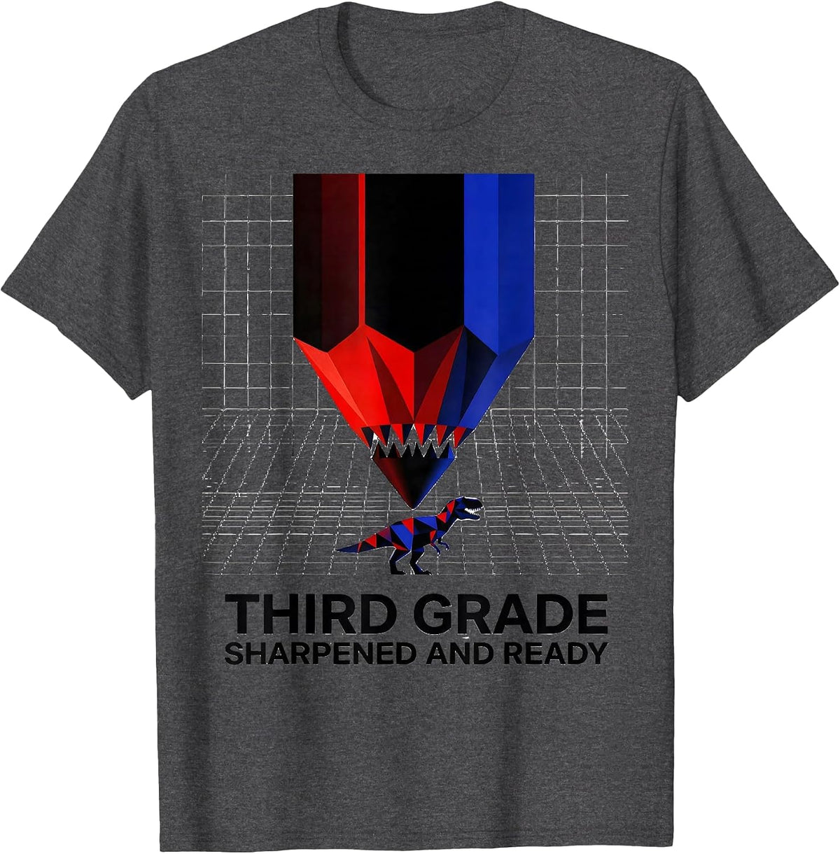 Men's Third Grade Sharpened And Ready Geometric Dinosaur Boy Back T-Shirt - Dark Heather Grey