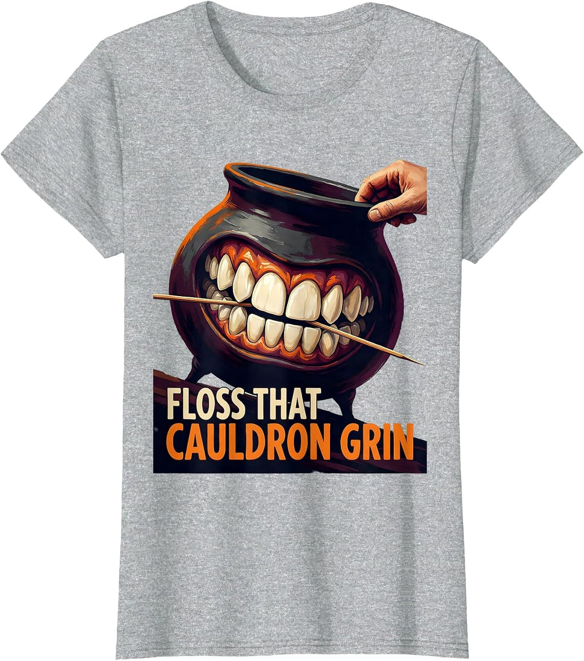 Floss That Cauldron Grin Funny Dental Hygienist Halloween T-Shirt - Heather Grey