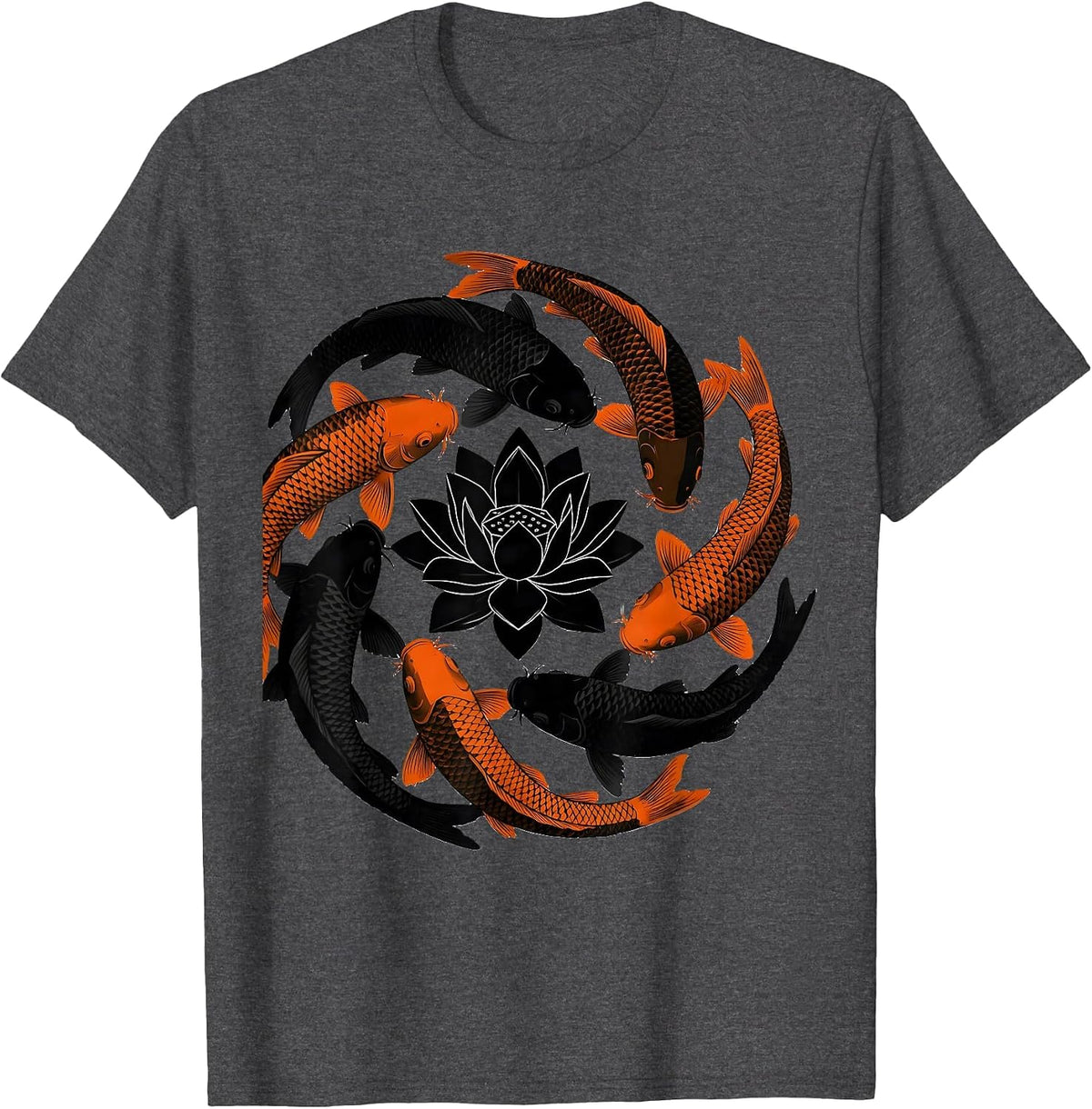 Men's Six Koi Fish Circling Lotus Blossom Art Design T-Shirt - Dark Heather Grey