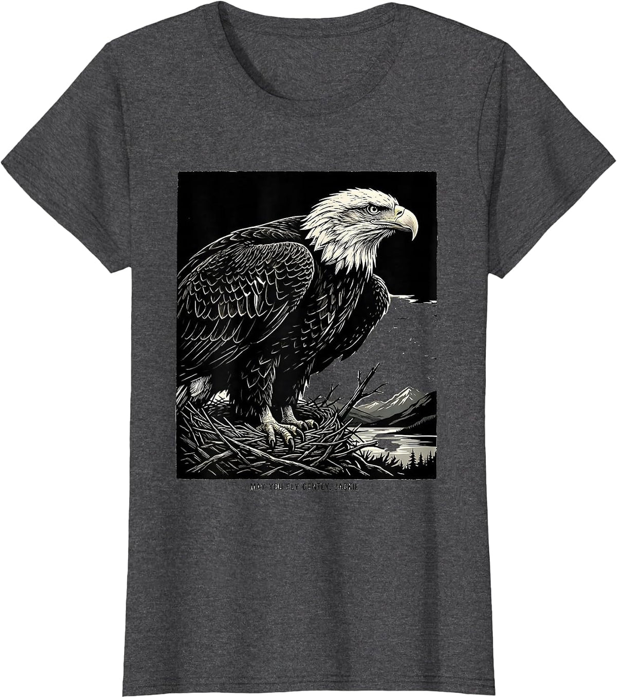 Women's May You Fly Gently, Jackie Linocut Bald Eagle Memorial T-Shirt - Dark Heather Grey