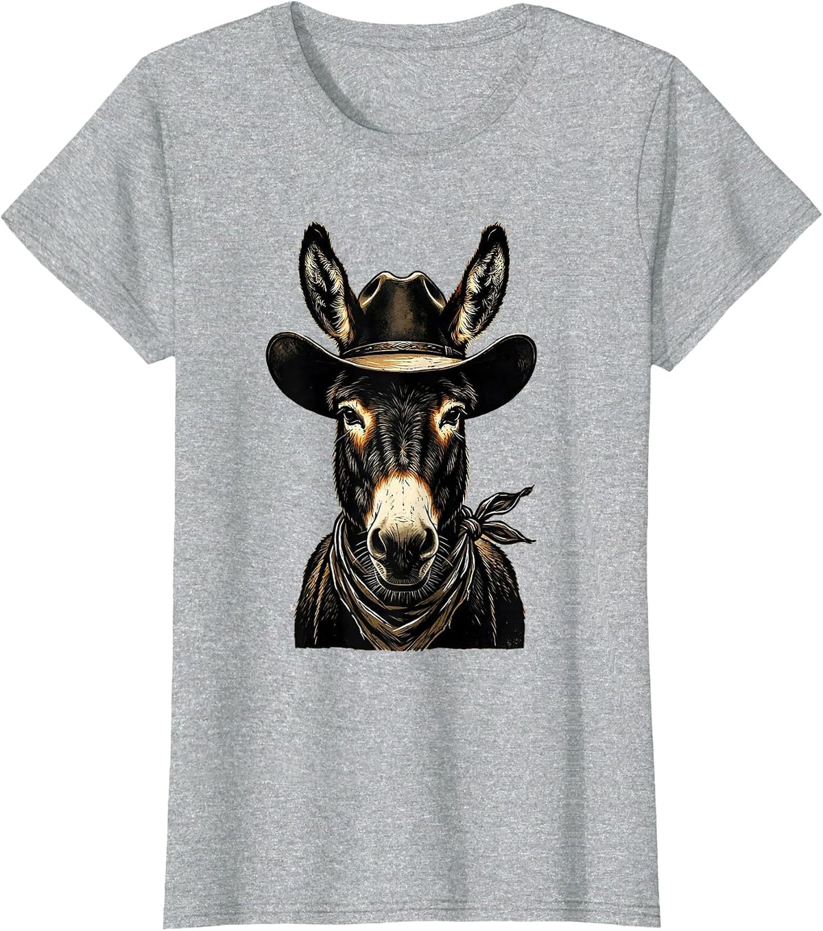 Cowboy Donkey in Hat and Bandana Illustration T-Shirt - Heather Grey