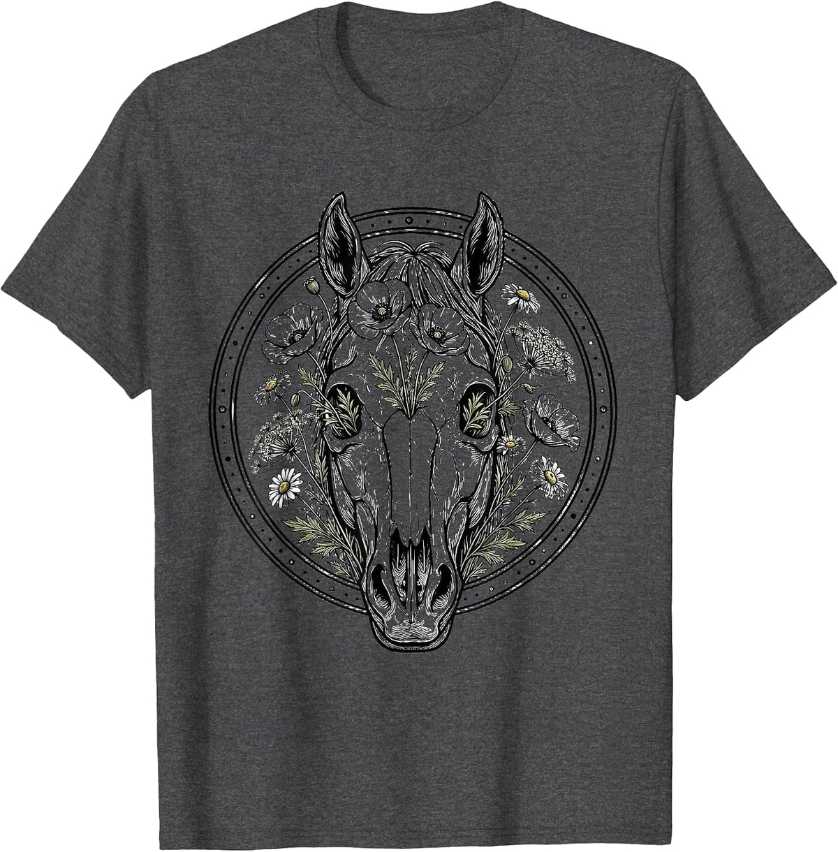 Horse Skull Wildflowers Floral Gothic Nature Art T-Shirt - Dark Heather Grey