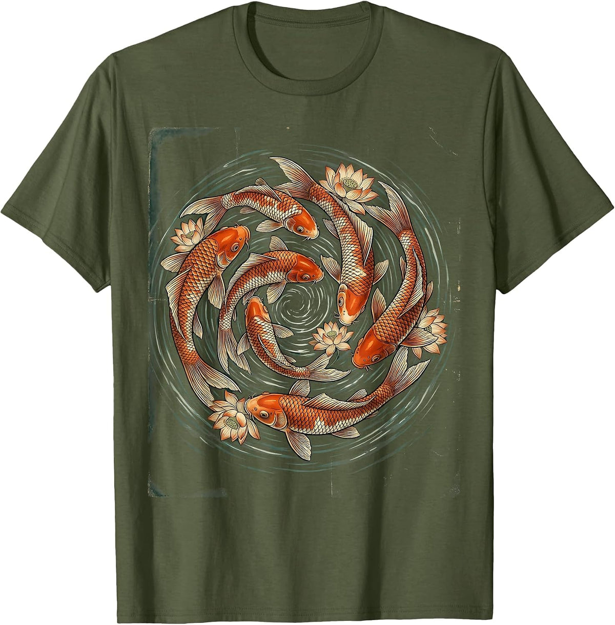 Men's Seven Koi Fish Spiral Art Design T-Shirt - Olive Green
