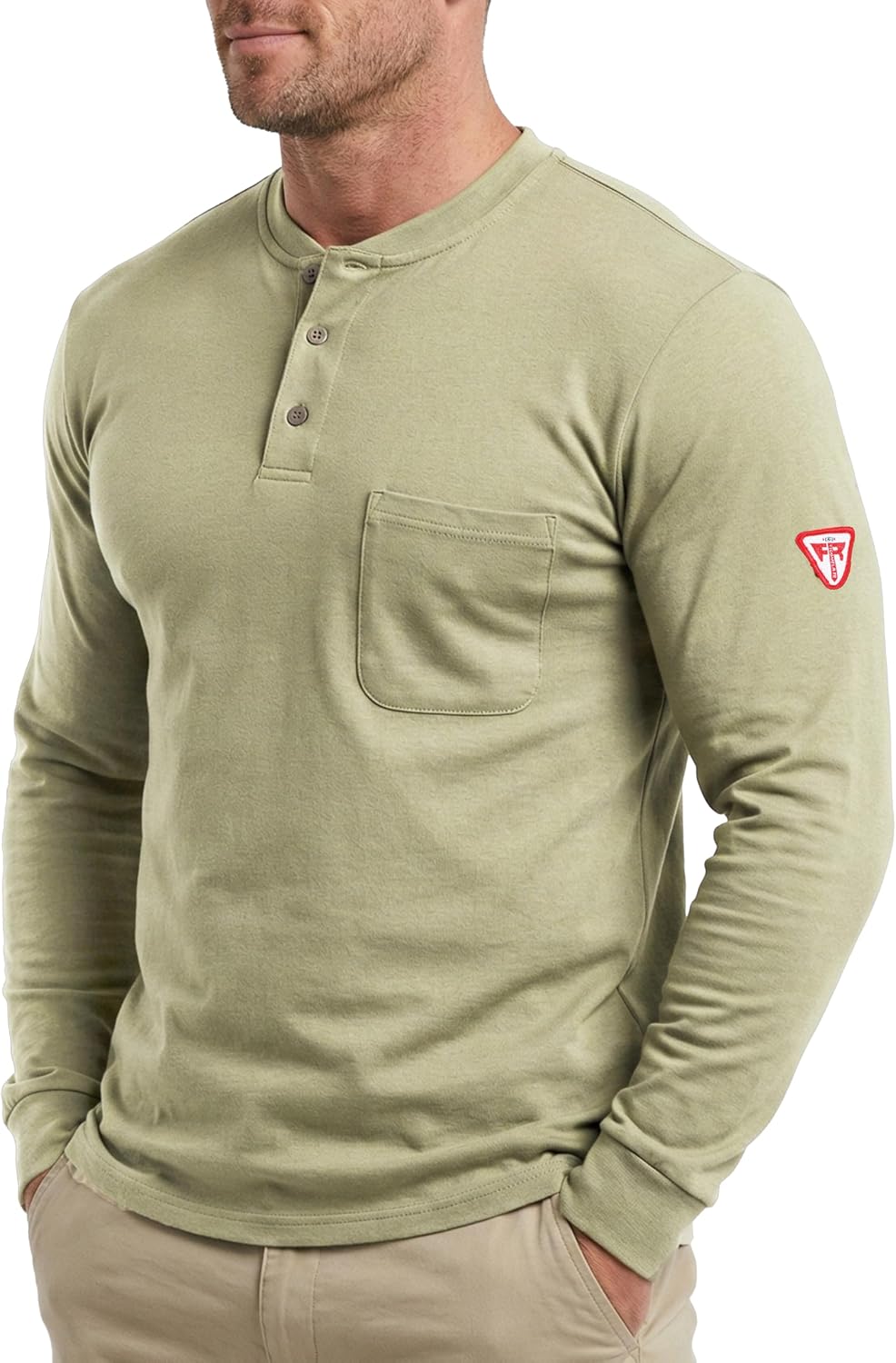 TICOMELA FR T Shirt Flame Resistant Shirt 5.5oz 100% Cotton Light Weight Workwear Men's Long Sleeve Henley Shirts - Khaki