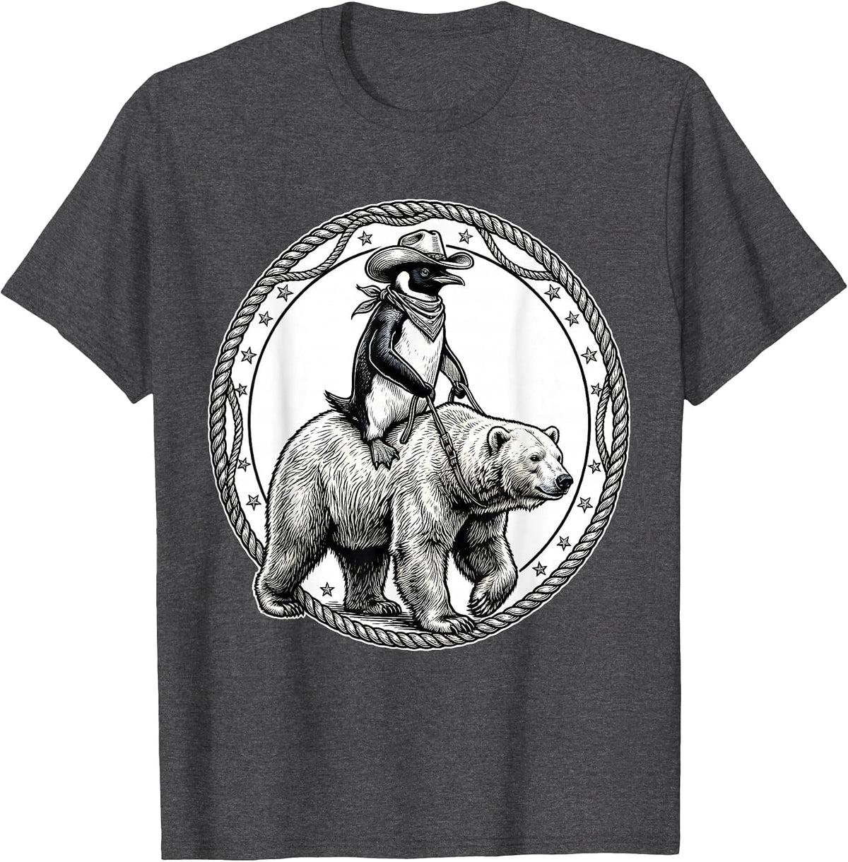 Men's Penguin Cowboy Riding Polar Bear Illustration T-Shirt - Dark Heather Grey