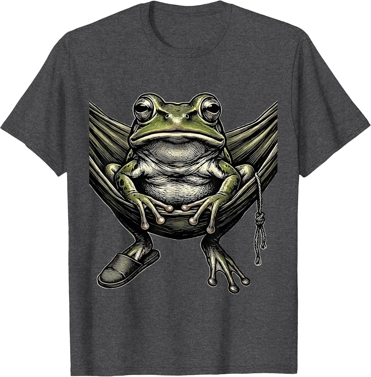 Frontal Squat Frog Hammock Retro Absurdist Humor T-Shirt - Dark Heather Grey